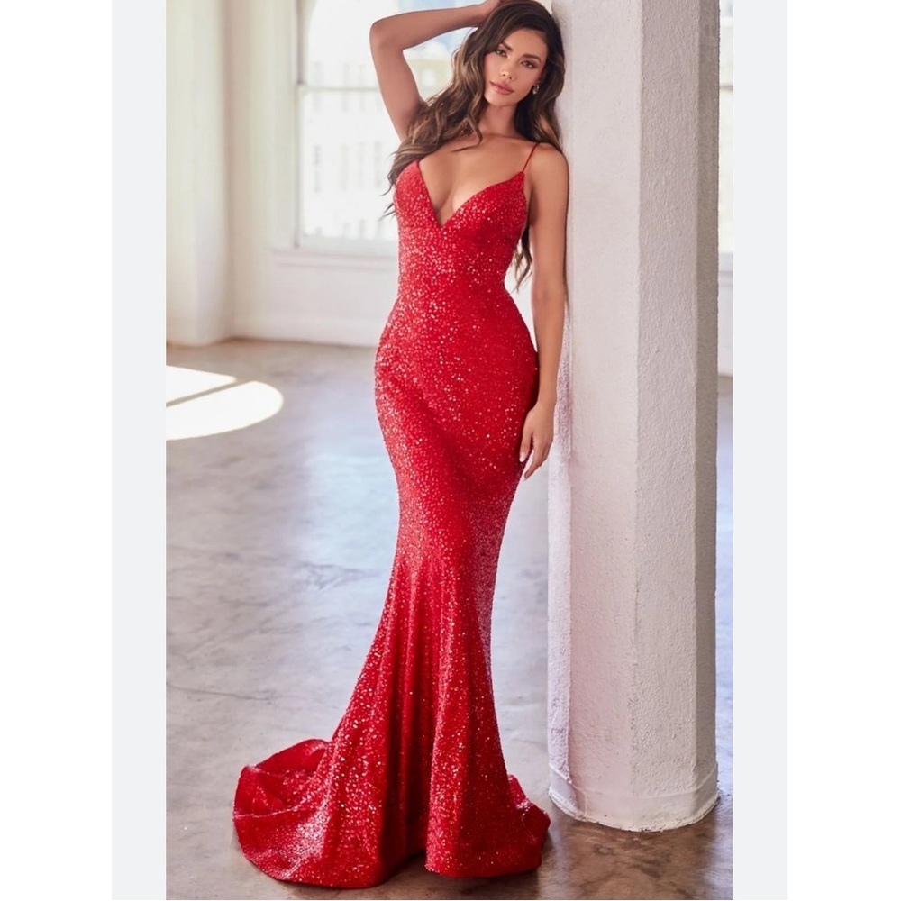 Mermaid Deep V Neck Red Sequined Prom Dresses